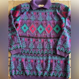 Vintage Geometric Sweater Multicolor Oversized Slouchy 80s 90s Cosby Style Small